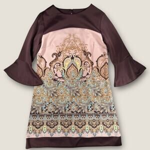 New York & Company Dress M Scarf Print Paisley Bell Sleeve Brown Shift Stretch